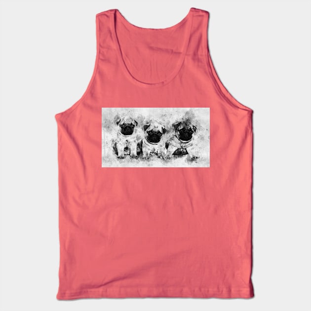 Pug Puppies. Dog Watercolor Portrait black and white 01 Tank Top by SPJE Illustration Photography